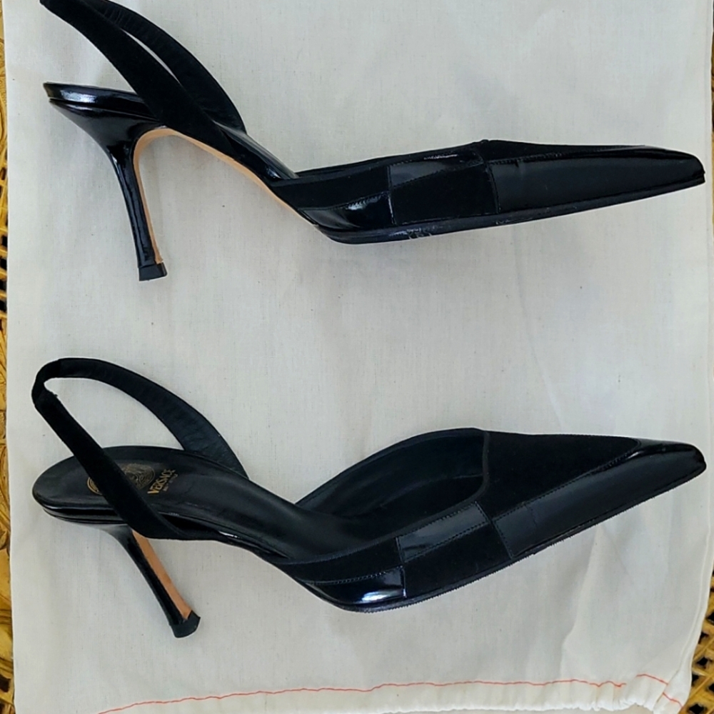 VERSACE Black Leather /Suede Pointed Toe Mules with Sling Back Woman’s Size 36.5 - Picture 2 of 8